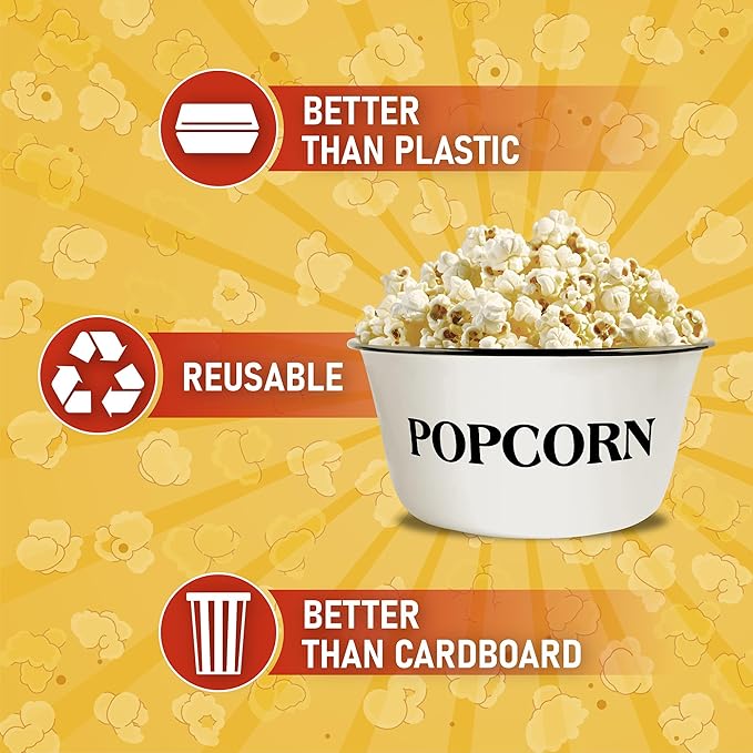 CWI 3.7-Quart Enamelware Popcorn Bowl - Round White Dish with Black Touches for Cinema Nights and Camping - Classic White with Black Rim, Durable (1 bowl)