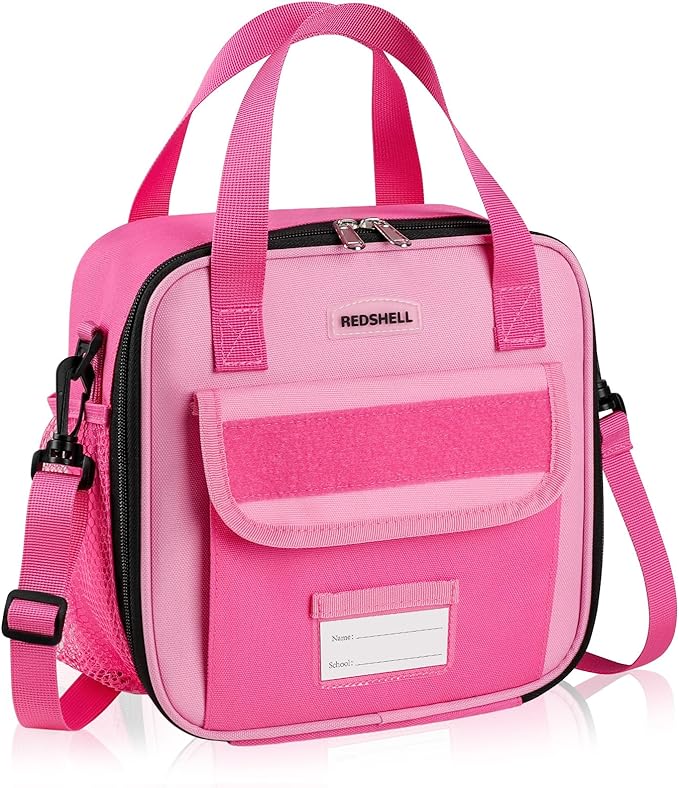 REDSHELL Tactical Lunch Box Kids, Large Insulated Lunch Bag for Girls, Cooler Lunchbag, Toddler Square Lunchbox, School Daycare Lunch Tote Pail with Water Bottle Holder Shoulder Strap, Rose Red