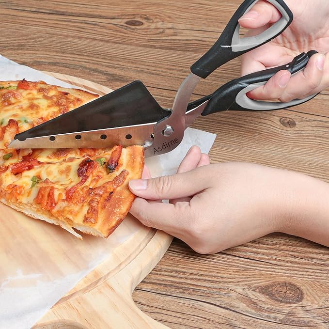 Pizza Scissors, Pizza Cutter with Shovel, Food-Grade Sharp Stainless Steel Blade and Soft Grip Handle, Multifunctional Kitchen Scissors, 27cm, Black/Grey