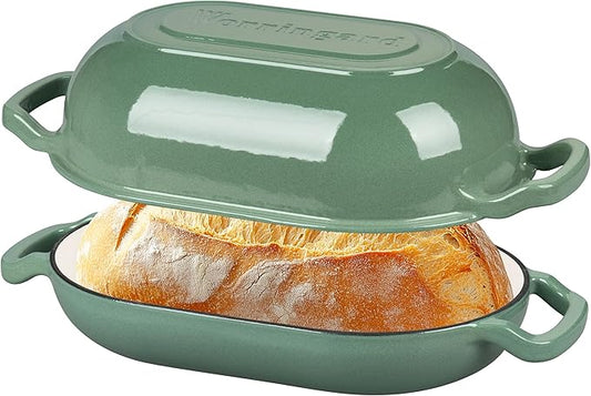 Enameled Cast Iron Sourdough Bread Oven, Dutch Oven, Loaf Cast Iron Bread Pan for Homemade Bread Baking, Meatloaf Pan with Lid, 5QT, Sage Green