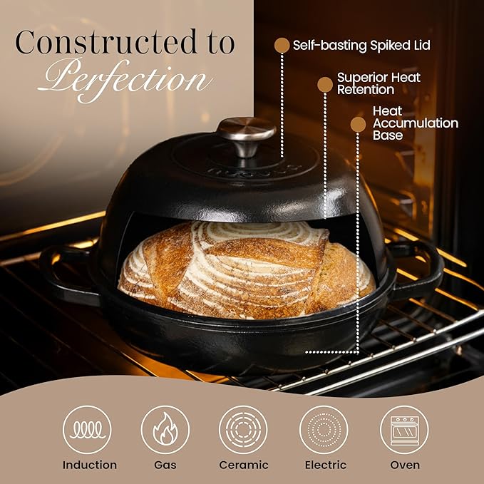 Enamelled Cast Iron Dutch Oven Pot – Dutch Oven For Sourdough Bread Baking – Cast Iron Bread Pot – Black, 6 Quarts, 26cm – by Nuovva