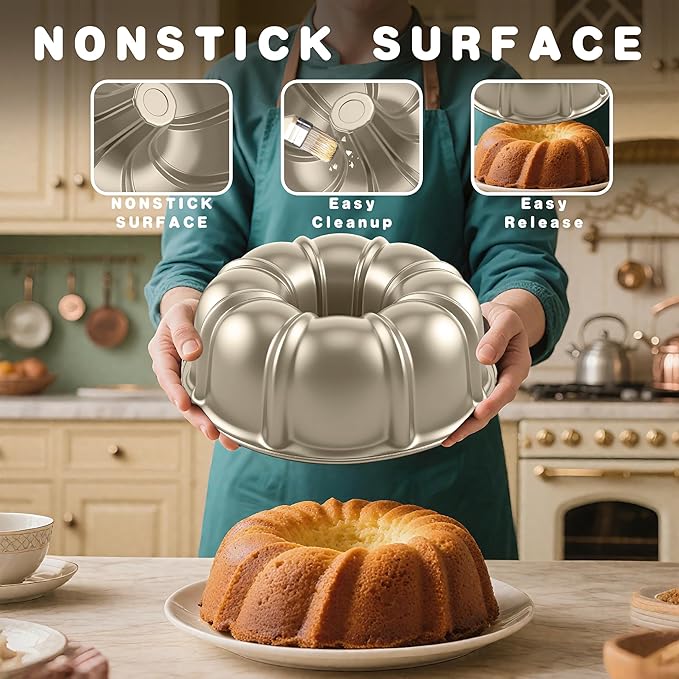 10 Inch Cake Pan, Nonstick Round Fluted Tube Cake Baking Pan, Buntz Pound Cake Mold,Tube Bakeware,Baking Mold for Jello/Gelatin/Chocoflan, Non Toxic, Easy Clean - Gold