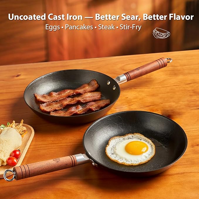 WANGYUANJI 11 Inch Cast Iron Skillet with Lid, Uncoated Frying Pan with Refined Tortoise Shell Texture, Handcrafted Flat Bottom Omelet Pan for Induction & Gas, Includes Brush & Steel Wool