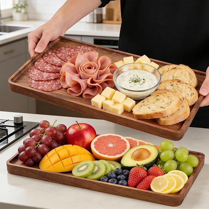 2 Pack Acacia Wood Serving Tray,15.8x9.8 Inch Decorative Trays Platter for Coffee Table,Living Room,Bar,Party,Mini Charcuterie Boards Cheese Board,Home Decor