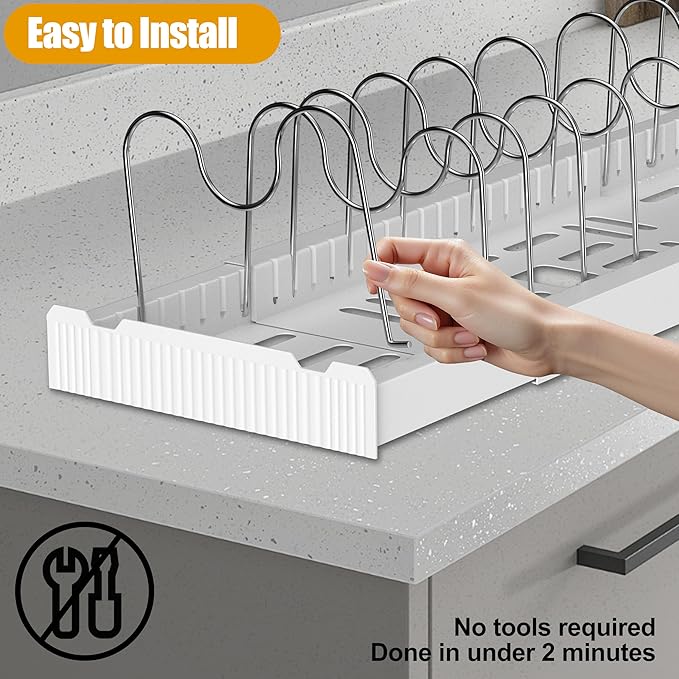 2 Pack Pots and Pans Organizer Under Cabinet, Expandable Pot Lid Organizer Racks, Include 20 Stainless Steel Racks & White Plastic Base, Perfect for Kitchen Cabinet, Countertop & Cupboard