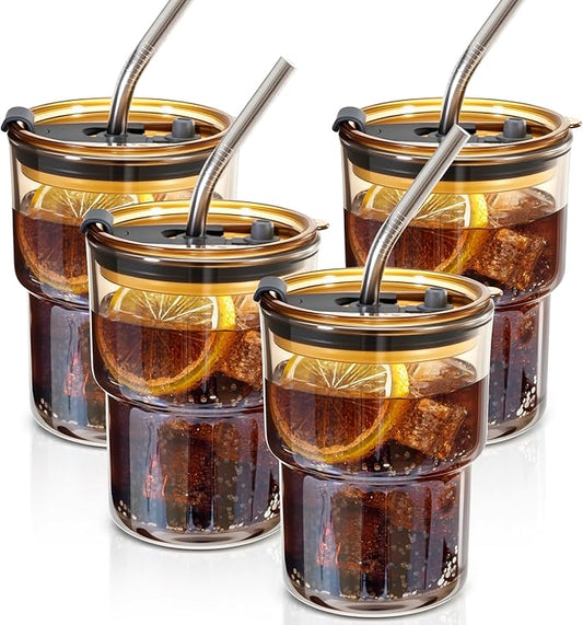 4 Packs Glass Tumbler with Lid and Straw 13 oz Cute Ice Coffee Cup Set for Smoothie Juice Matcha Tea Latte Cappuccino Espresso Hot Coffe Water Reusable Clear Travel Boba Small Drinking Mug