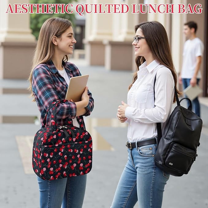 Quilted Lunch Box for Women,Coquette Aesthetic Lunch Box for Teen Girls,Cute Cherry Lunch Bags for Work, School,Office,Picnic,Travel (Blue Cherry)