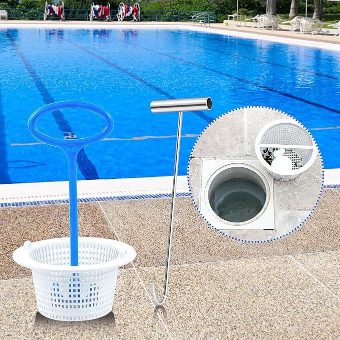 Skimmer Basket Handle, Universal Swimming Pool Skimmer Basket Handle Hook Pool Filter Basket Handle Fit All Inground Pool for Debris Removal Keep Hands Safe and Clean