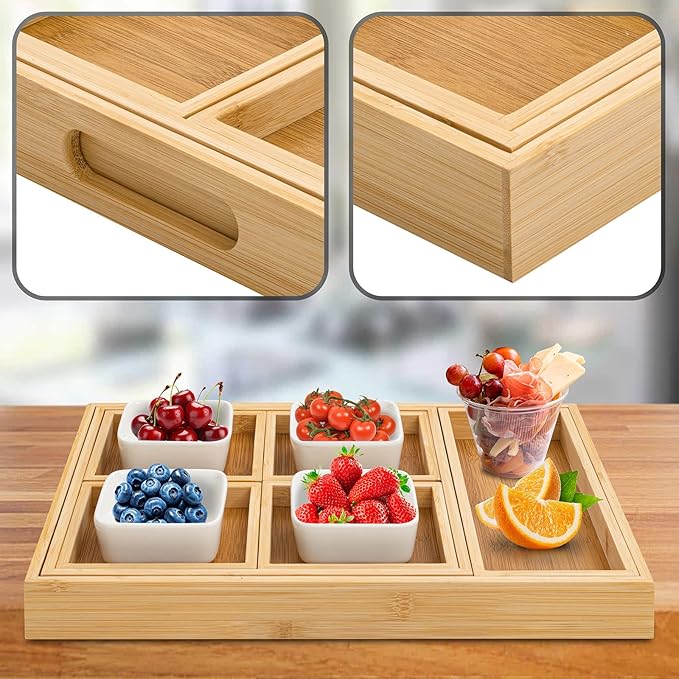 Wood Serving Trays with Handles, Set of 7 Rectangular Platters, Nesting Bamboo Tray for Breakfast in Bed, Entertaining, Couch, Party, Breakfast, Coffee Table, Home Decor