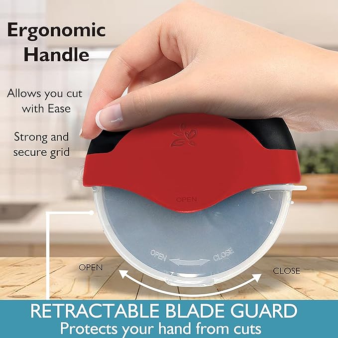 Red Pizza Cutter Wheel with Protective Blade Cover, improved, Super Sharp, Easy To Use and Clean, Slicer, Ergonomic Rubberized Grip, heavy dutty, Stainless Steel, Dishwater Safe