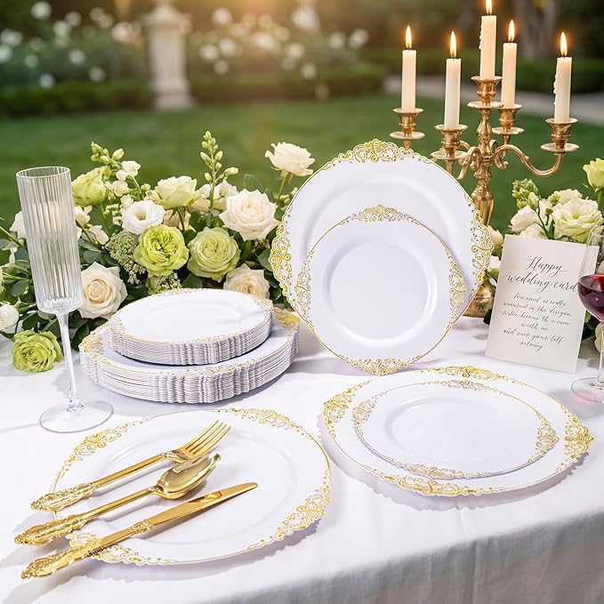 200PCS White and Gold Plates - Gold Plastic Plates - Fancy Disposable Plate - Gorgeous 10inch Dinner & 7.25inch Dessert Plate for 100 Guests for Wedding & Party