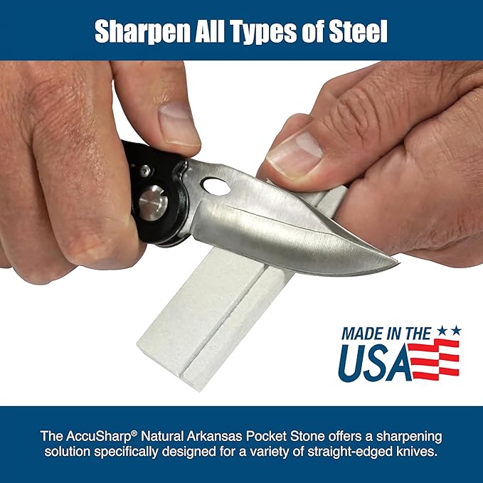AccuSharp Pocket Stone Sharpener with Pouch, 3 Inch Dual-Sided Sharpening Stone for Knives, Fish Hooks, Camping, Hunting Knives, Restores, Repairs & Hones Blades, Natural