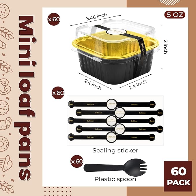 60 Pack Mini Cake Pans with Lids Foil Pans Square Aluminum Pans with Lids Cupcake Liners for Birthday Wedding Party Gift (Black Gold, 5 oz)