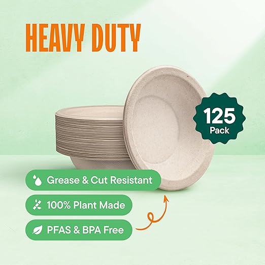Paper Bowls, 100% Compostable Disposable Soup Bowl [125-Pack] - PFAS-Free - BPI Certified - [16 oz] Heavy Duty, Eco-Friendly, Biodegradable Bagasse Hot Food Plates and Bowls - Natural Brown