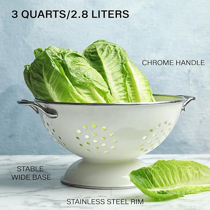Reston Lloyd, 3 Quart Powder Coated Steel Kitchen Strainer Basket for draining Pasta, Vegetable and Fruit, Chrome Handles and Wide Stable Base, Orange