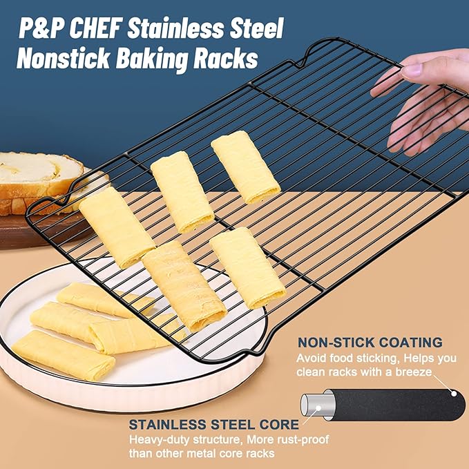 P&P CHEF Cooling Baking Rack Pack of 2, 16.6" x 11.5", Stainless Steel Cooling Racks for Cooking Baking Roasting Grilling Drying, Dense Wires & Smooth Edge, Easy to Clean, Black