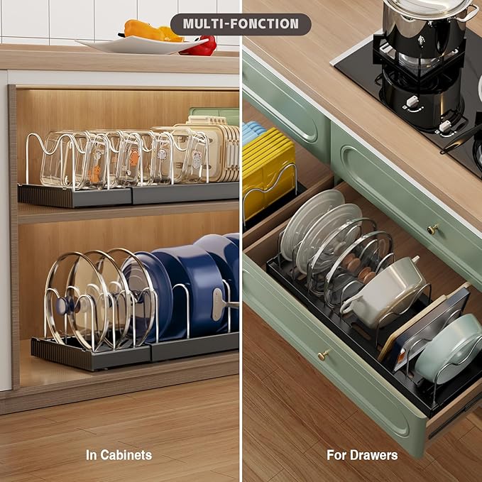 Expandable Food Storage Container Lid Organizers, 22" Pots and Pans Organizer Under Cabinet with 9 Adjustable Dividers Pot and Pan Lid Holders Rack Inside Cabinet(Black,1 Pack)