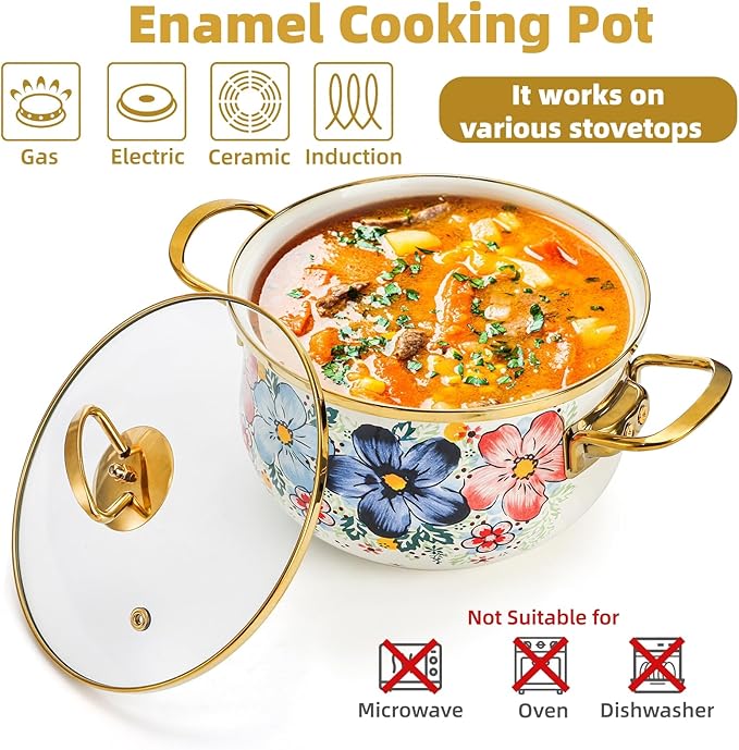 SOUJOY 3 Quart Enamel Cooking Pot with Glass Lid, Non-Stick Soup Pot with Handle, Vintage Floral Bean Stew Simmer Pot for Kitchen, Induction & Gas Stove Safe, Mother's Day, Wedding, Christmas Gift