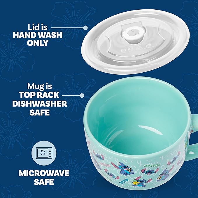 Silver Buffalo Disney Lilo and Stitch Snack and Food Pattern Ceramic Soup Mug with Vented Plastic Lid, 24 Ounces