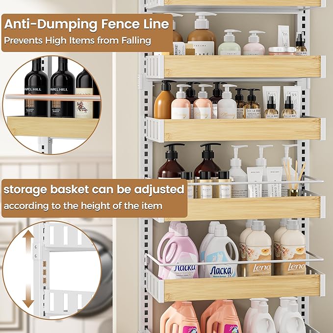 6 Tier Over The Door Pantry Organizer, 2-in-1 Door Hanging or Wall Mounted Spice Rack, Large Heavy Duty Pantry Door Storage Seasoning Shelves with Adjustable Basket for Kitchen Bathroom Closet