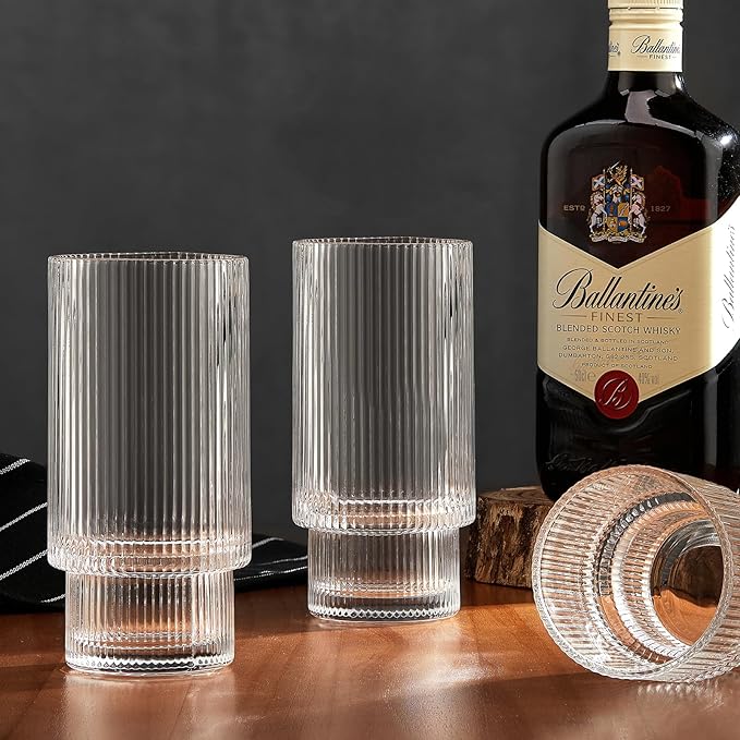 6 Pack Ribbed Drinking Glasses, 16 oz Vintage Glass Cups, Highball Glasses, Premium Iced Coffee Glasses, Clear Glass Tumbler, Cocktail Glasses, Elegant Glassware for Water Juice Whiskey Beer