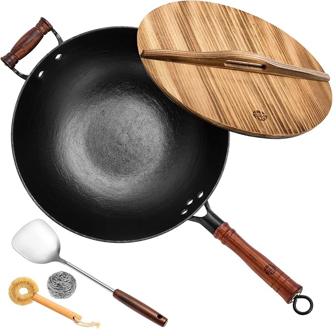 WANGYUANJI Cast Iron Wok Pan with Flat Bottom, 12.6 Inch Heavy Duty Uncoated Stir Fry Pan, Traditional Chinese Hand-Cast Deep Iron Pot for Electric Induction, Gas & Glass Top Stoves