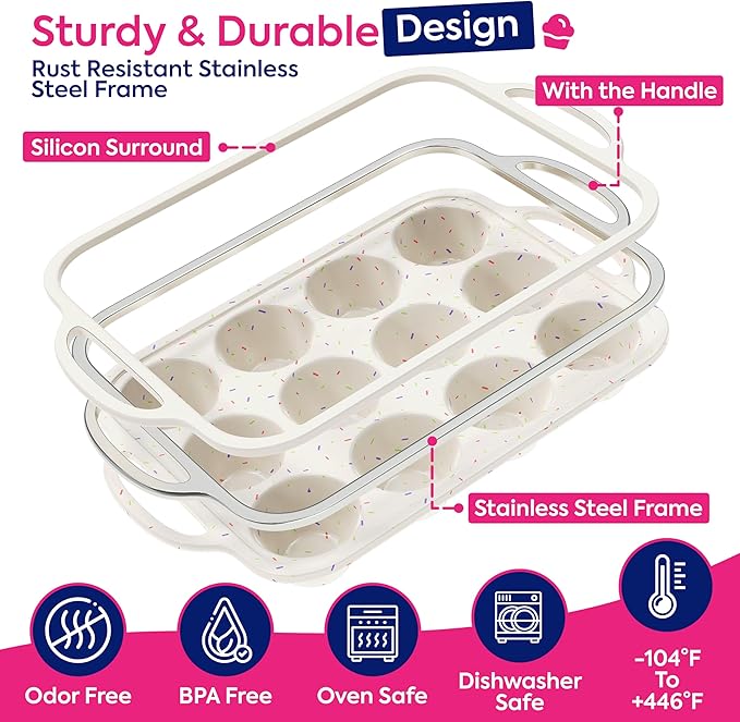 RICCLE Silicone Muffin Pans for Baking with Metal Reinforced Frame, 12-Cup Cupcake Pan, 2 Pcs Muffin Trays for Cupcake Baking, Tray Molds, Oven & Dishwasher Safe, BPA-Free