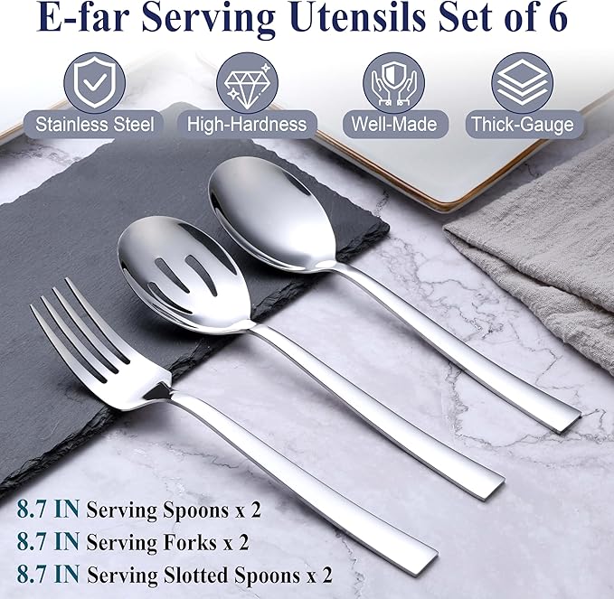 E-far Serving Utensils Set of 6, Stainless Steel Large 2 Serving Spoons 2 Slotted Spoons 2 Forks for Buffet/Parties/Catering, Mirror Polished & Dishwasher Safe