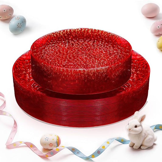 Rubtlamp 60 Pcs Red Plasitc Plates, Heavy Duty, Disposable,Clear Red Disposable Plates, Hammered Plastic plates Include 30 Dessert Platos, 30 Dinner Platos for Party