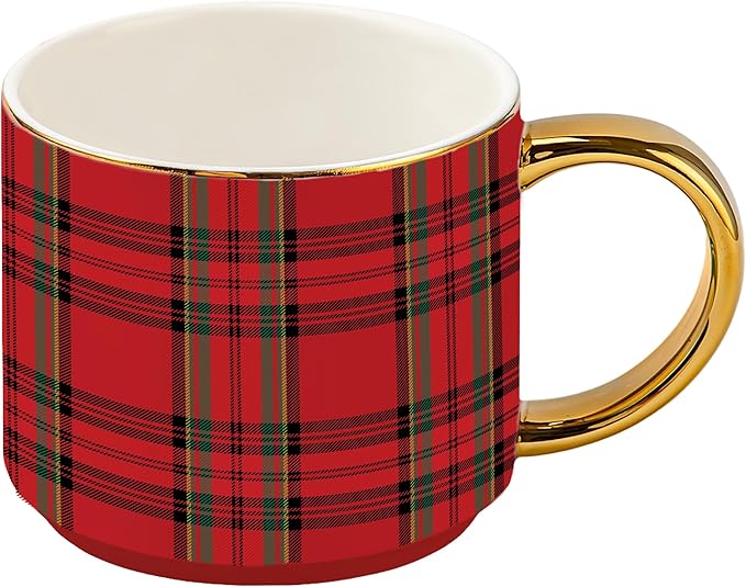 Sweet Water Decor Red Plaid Coffee Mug, 14oz China Christmas Mug with Gold Handle, Large Holiday Winter Cup for Coffee, Tea & Hot Chocolate, Stocking Stuffer Gifts for Women