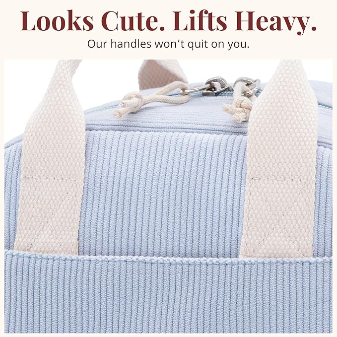 Insulated Cloud Blue Lunch Bag for Women, Stylish Corduroy Tote with Aluminum Lining, Large Capacity Reusable Cooler for Work, Travel, or Beach (Cloud Blue, A)