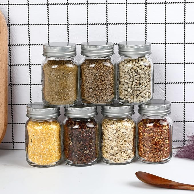 30 Pack 4oz Glass Mason Spice Jars Bottles, Empty Round Containers with Silver Airtight Metal Caps and Pour/Sift Shaker Lid