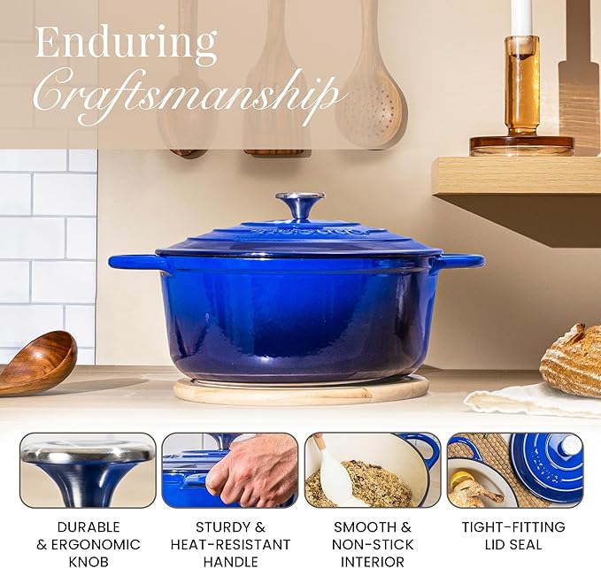 Cast Iron Dutch Oven with Lid – Non-Stick Ovenproof Enamelled Casserole Pot – Sturdy Dutch Oven Cookware – Dark Blue, 3.1-Quart, 22cm – by Nuovva