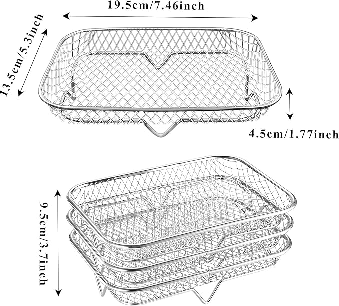Air Fryer Rack, Stackable Stainless Steel Air Fryer Basket, 3 Layers Cooling Racks for Oven Press Cooker, Rectangle AirFryer Accessories (7.6"Lx5.3"Hx3.7"H)