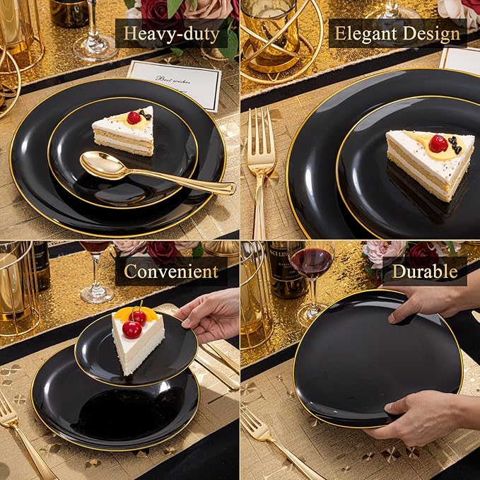 KIRE 200Pcs Black Plastic Plates - Black and Gold Plates Disposable for Party - Include 100 for Dinner and 100 for Dessert for Birthday/Wedding