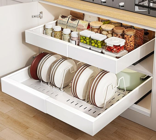 2 Pack Pull out Cabinet Organizer 21"Deep With Raising Pad for Framed Cabinets, Expandable Slide out Drawers for Kitchen Cabinets with 4pcs Divider Racks, Roll out Shelves 12.1"-20.4" W White