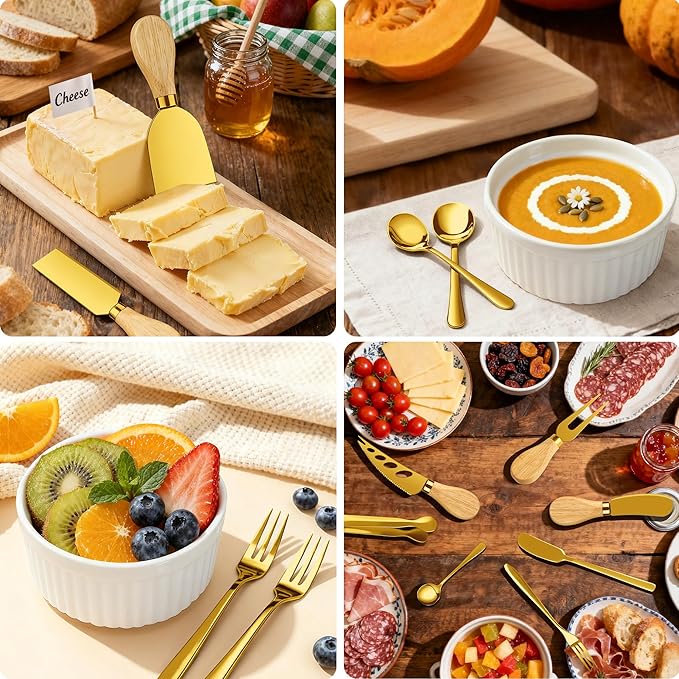 Gold Charcuterie Boards Accessories Bowls Utensils, Cheese Knife Set Mini Butter Spreader, Serving Tongs, Forks, Spoons, Dipping Bowls with Lids, Toothpick Flag, Honey Dippers for Party Platter Making