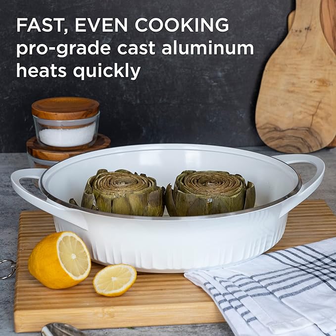 CorningWare QuickHeat 4-QT Cast Aluminum Braiser With Lid, Nonstick Ceramic Interior, Lightweight and Fast Even Heat Baking & Cooking, For Meats, Soup, Browning, Searing, French White
