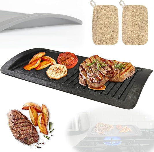 2-in-1 Cast Iron Grill Griddle Pan, Rectangular Double-Sided Cooking Pan with Dual Handles, Non-Coated & Healthy, Includes 2 Loofah Cleaning Brushes