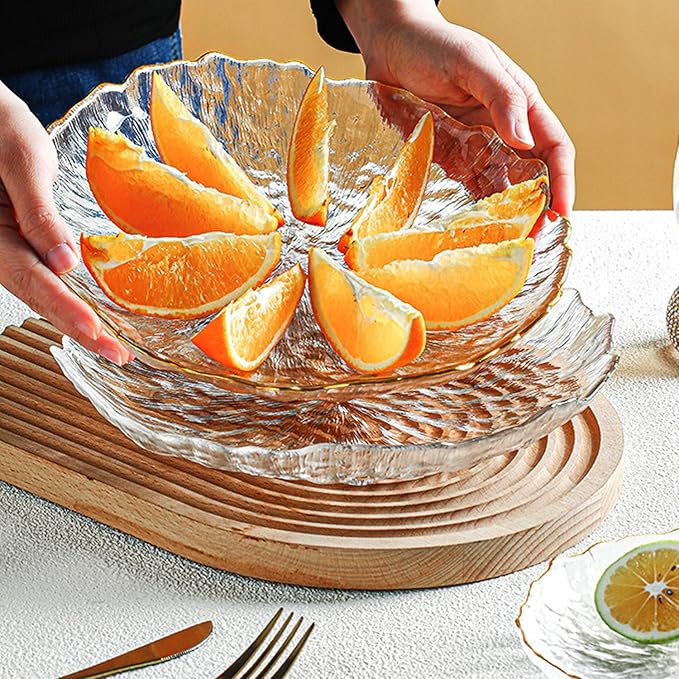 Glass Salad Bowl Irregular Lotus Flower Shape Serving Bowls, Mixing Nut Bowls for Kitchen Fruist, Snack, Dessert, and Ice Cream Candy Dishes (Plate Crystal Clear, Large)