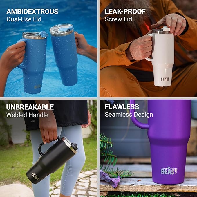 Beast 42 oz Tumbler with Handle Stainless Steel Vacuum Insulated Coffee Ice Cup Double Wall Travel Flask (Blossom Pink)