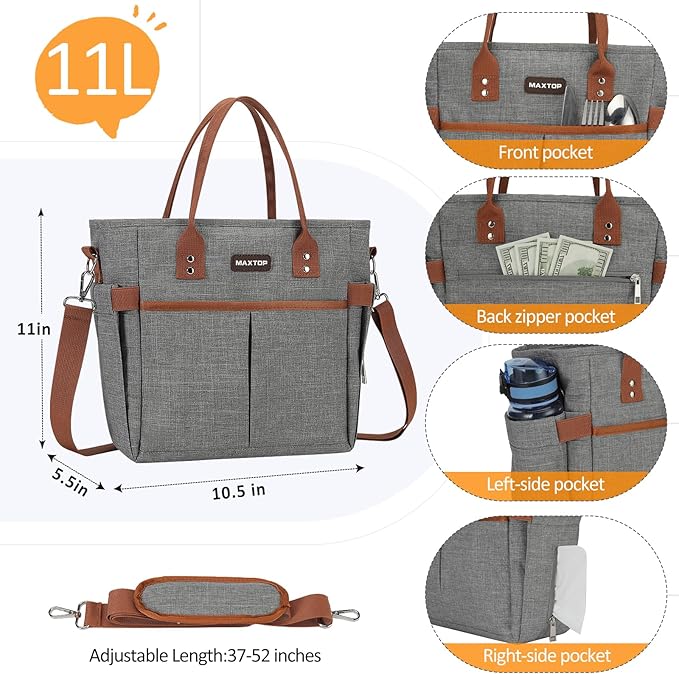 MAXTOP Lunch Bag Women for Work Insulated Thermal Lunch Box with Wide-Open Pocket Reusable Leakproof Cooler Bags with Removable Shoulder Strap for Teacher Nurse Office Picnic Travel Grey