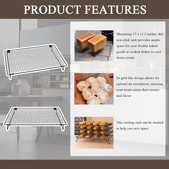 Set of 2 Cooling Racks with Folding Legs，for Cooking, Roasting, Drying, Rust-Resistant Non-Stick Cooling Grilling for Baking，17 x 11.2 inches，Black(2)