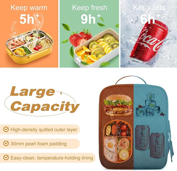 Aileam Lunch Box for Women Black Lunch Bag Quilted Reusable Insulated Cute Lunch Box Aesthetic Tote Bags Floral Cotton Lunch Case for Travel Work Picnic (Black)