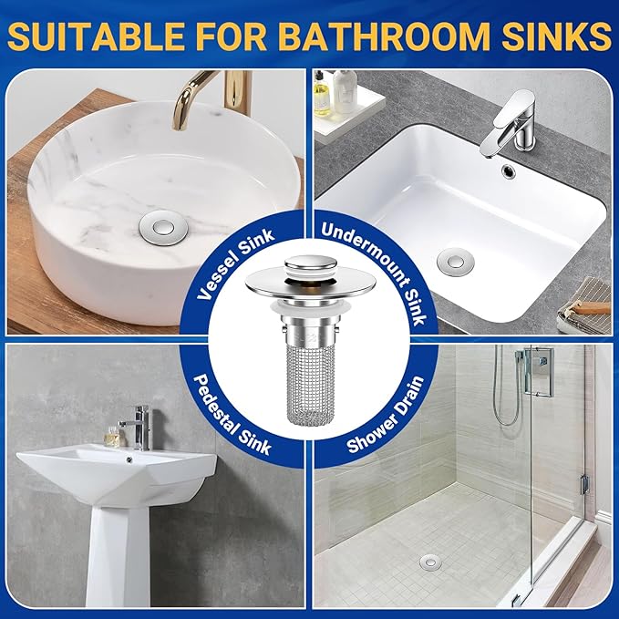 Bathroom Sink Drain Strainer, Pop-Up Bathroom Sink Stopper with Removable Stainless Steel Hair Catcher Basket, Universal Fit for US Bathroom Sinks, Showers & Floor Drains (1pcs)
