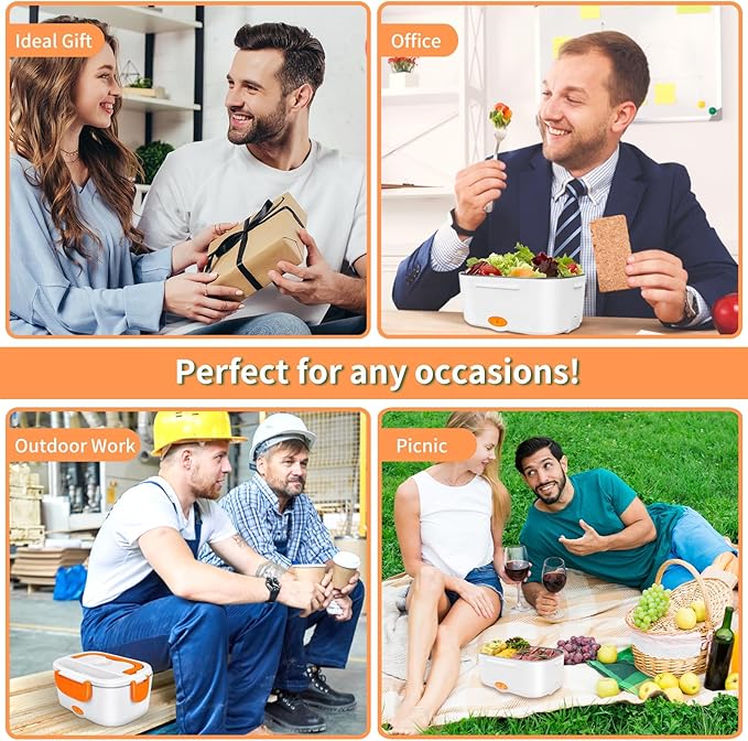 Electric Lunch Box, Food Warmer Heater 12V 24V 110V, 80W Faster Heated Lunch Box for Car/Truck/Home Portable Heating Boxes with 1.5L 304 SS Container Fork & Spoon, White+Orange