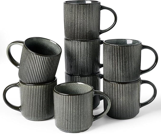 famiware Coffee Mug Set for 8, Star 12 oz Catering Mugs Cup Set with Handle for Coffee, Tea, Cocoa, Milk - Ceramic Stoneware Drinkware Set, Deep Forest