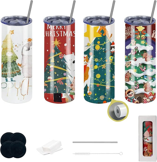 4pack 20oz flat edge sublimation tumblers ，White skinny insulated Sublimation tumbler Straight Cups with Individual Gift Box, Silicone Bottom Polymer Coating for Heat Transfer （4pack 20oz）