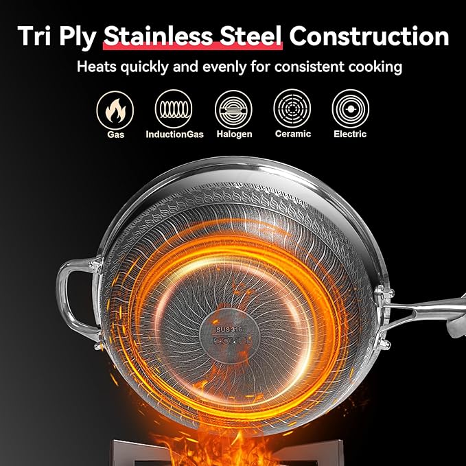 WANGYUANJI Honeycomb Stainless Steel Wok Pan with Lid, 12.6 Inch Hybrid Nonstick Stir Fry Pan Flat Bottom, PFOA-Free, Induction Compatible, Dishwasher Safe, No Seasoning Needed (Serves 3-4)
