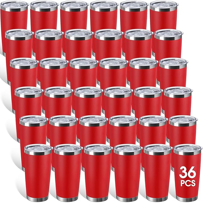Sieral 36 Pack Stainless Steel Tumblers Bulk with Lids Double Wall Vacuum Insulated Coffee Cups Blank leakproof Powder Coated Tumblers for Engraving Wedding Graduation Party Favors(20 oz,Red)